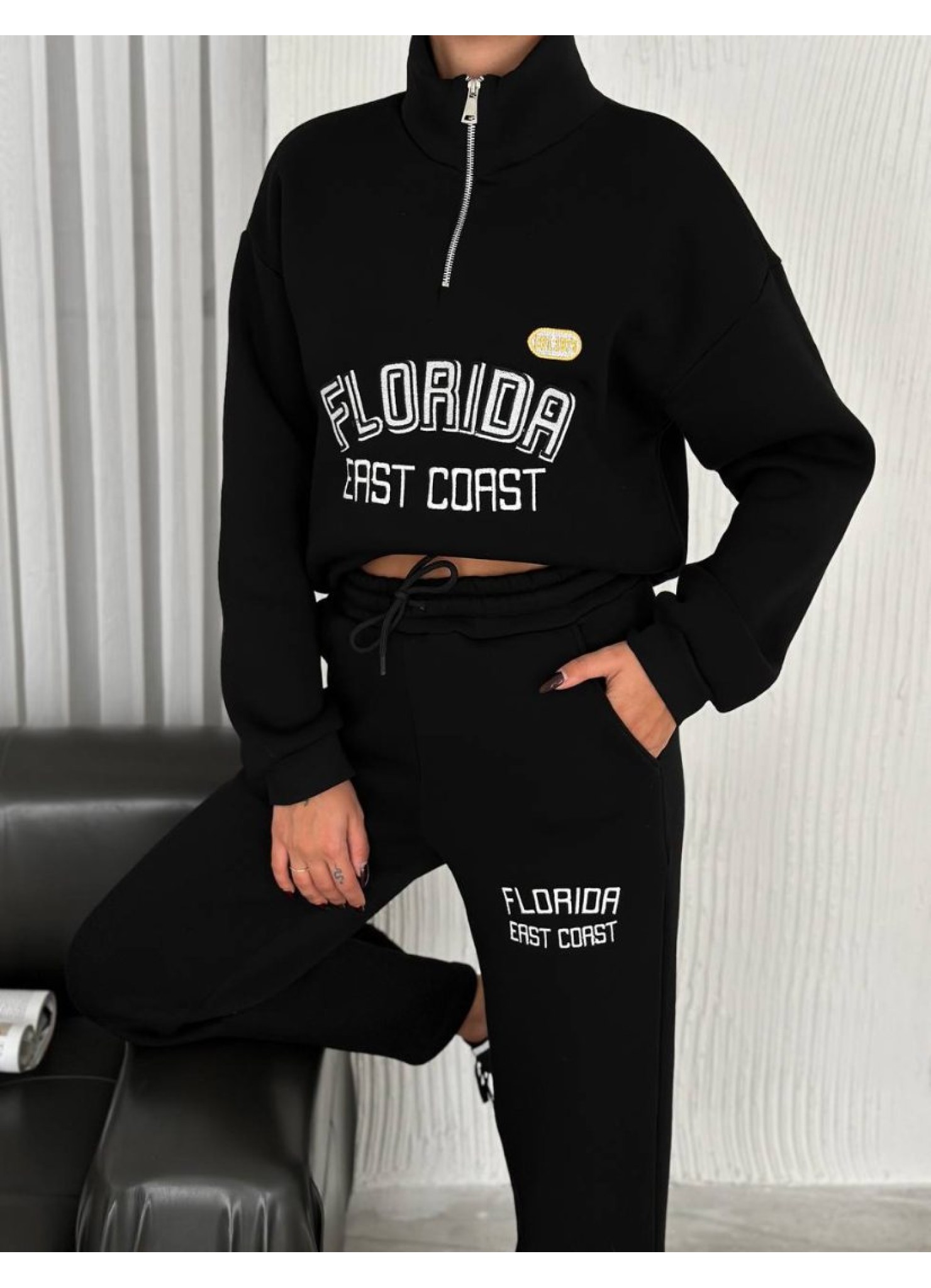 Üç İplik Florida Nakışlı Şardonlu Takım Siyah