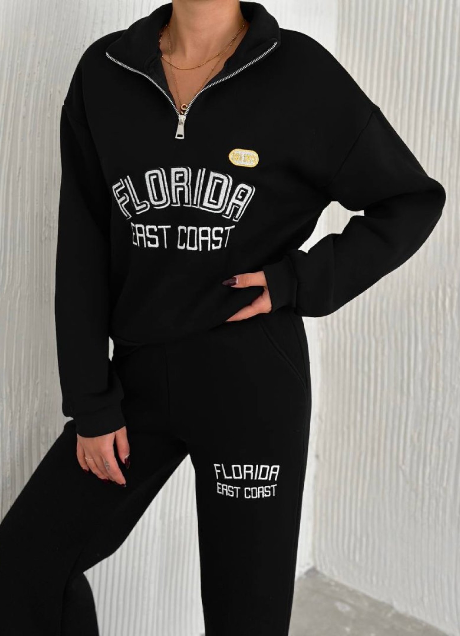 Üç İplik Florida Nakışlı Şardonlu Takım Siyah