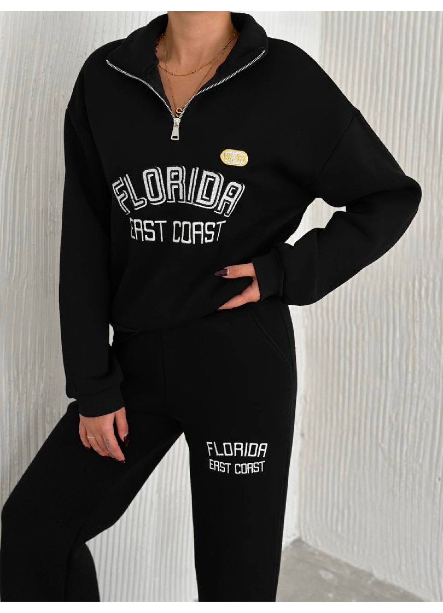 Üç İplik Florida Nakışlı Şardonlu Takım Siyah