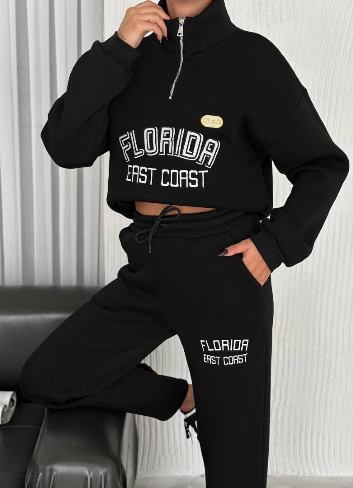 Üç İplik Florida Nakışlı Şardonlu Takım Siyah