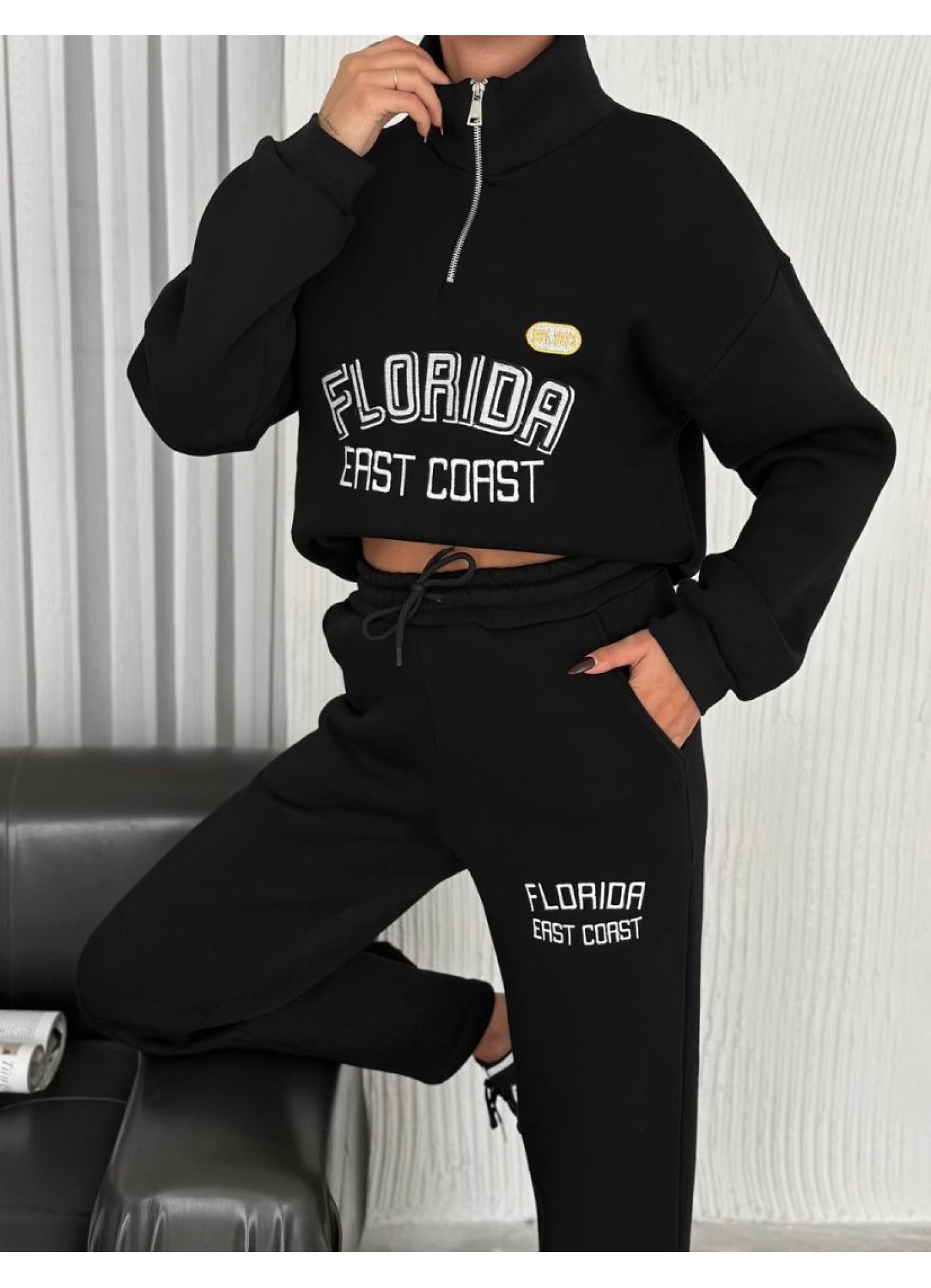 Üç İplik Florida Nakışlı Şardonlu Takım Siyah