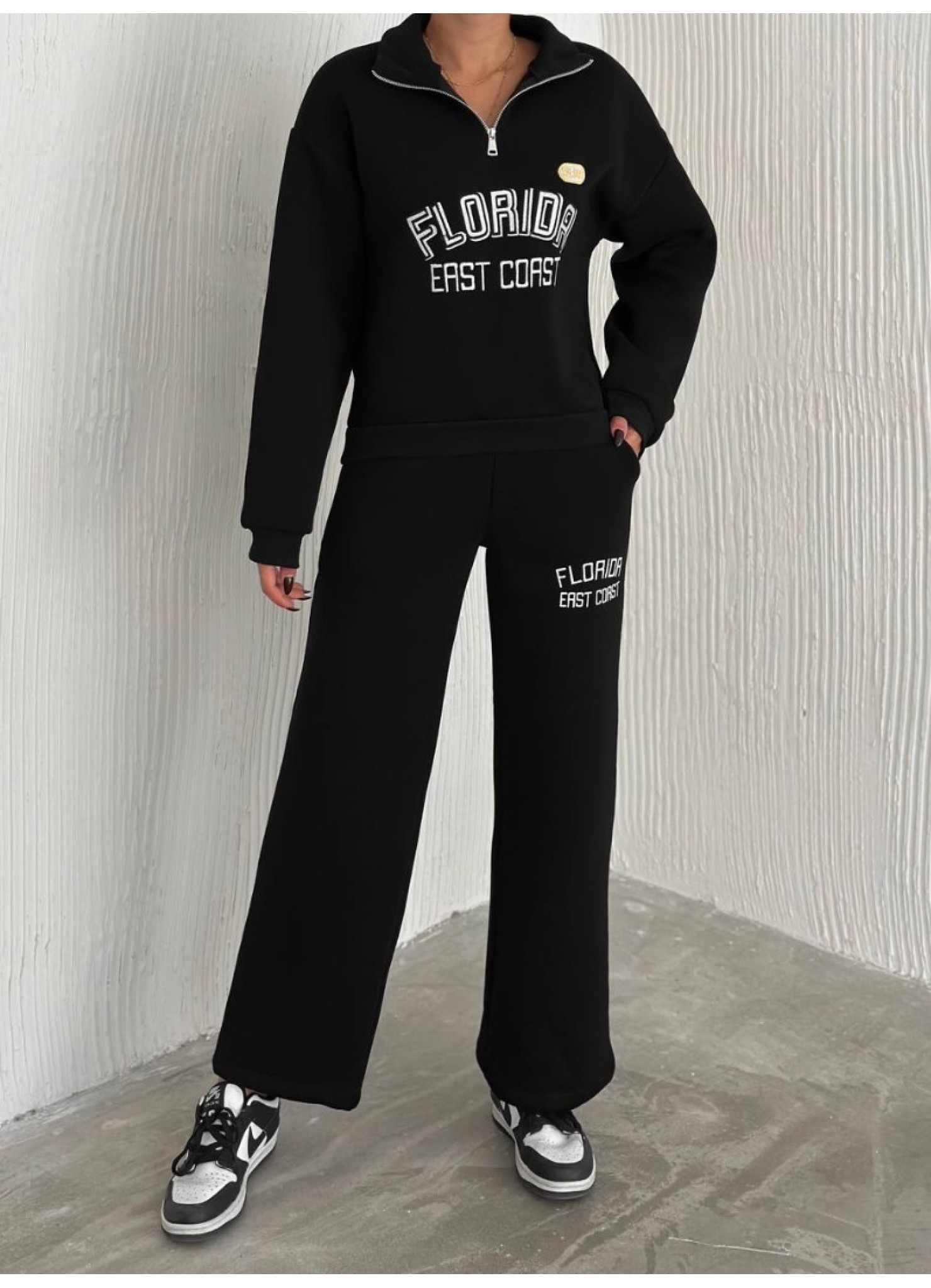 Üç İplik Florida Nakışlı Şardonlu Takım Siyah