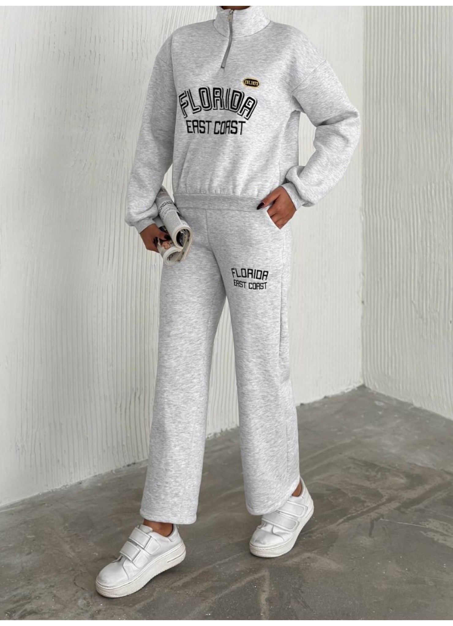 Üç İplik Florida Nakışlı Şardonlu Takım Gri