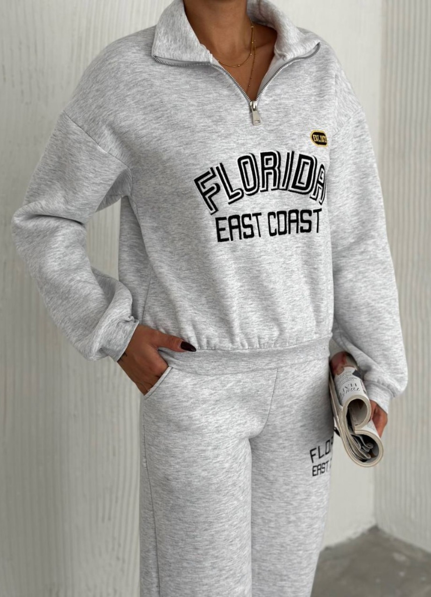 Üç İplik Florida Nakışlı Şardonlu Takım Gri