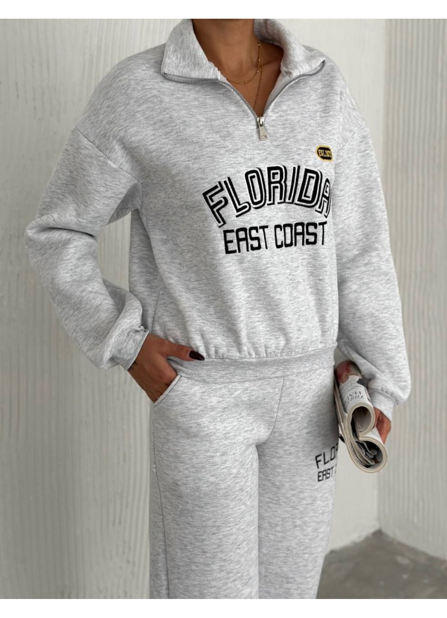 Üç İplik Florida Nakışlı Şardonlu Takım Gri