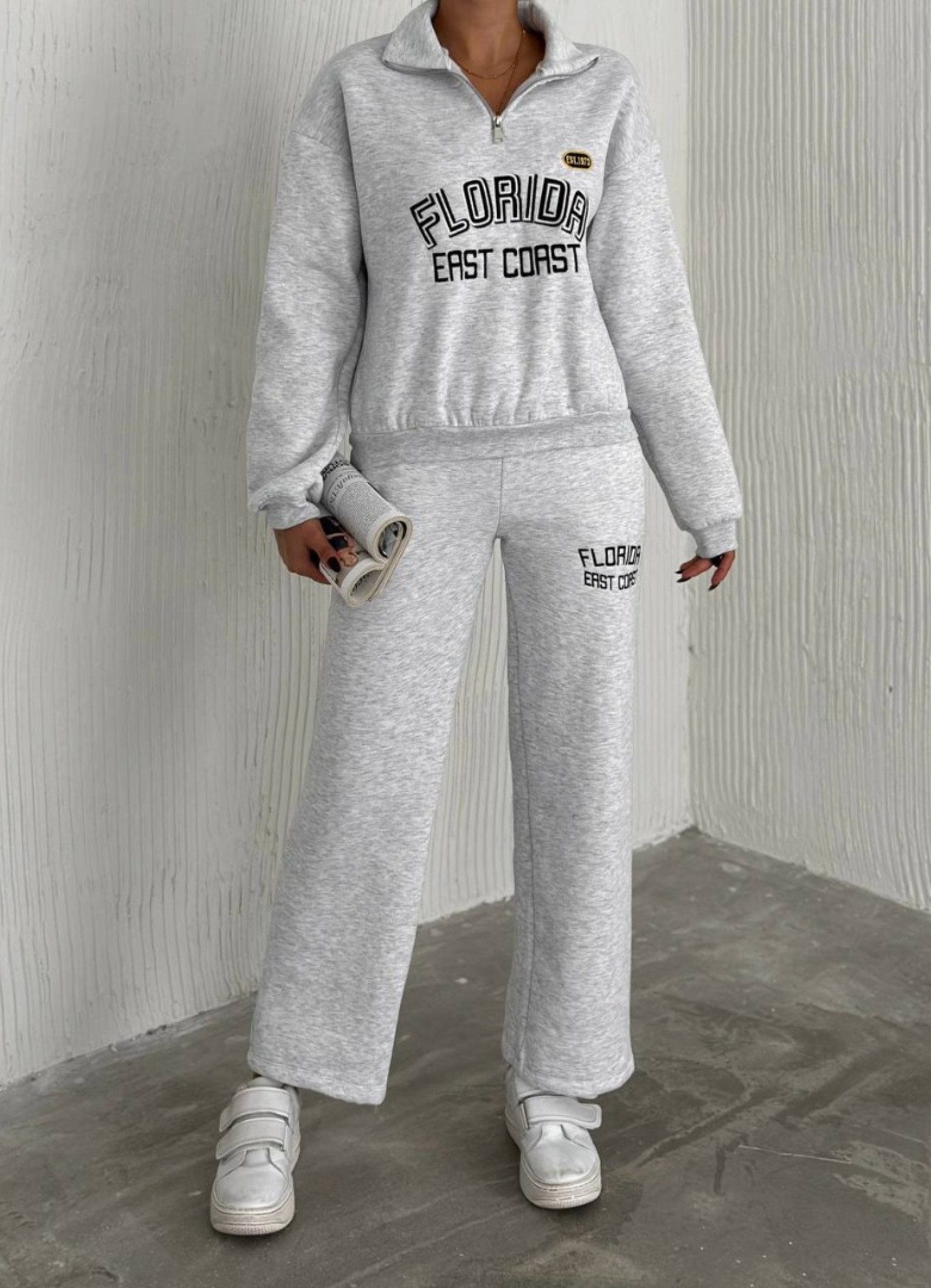 Üç İplik Florida Nakışlı Şardonlu Takım Gri