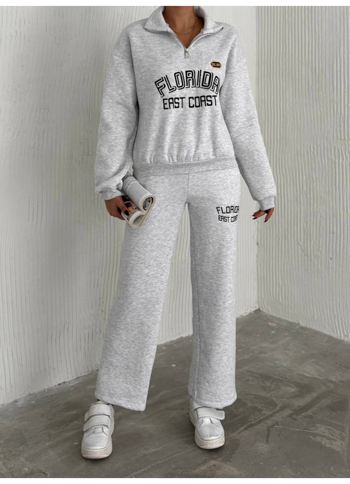 Üç İplik Florida Nakışlı Şardonlu Takım Gri