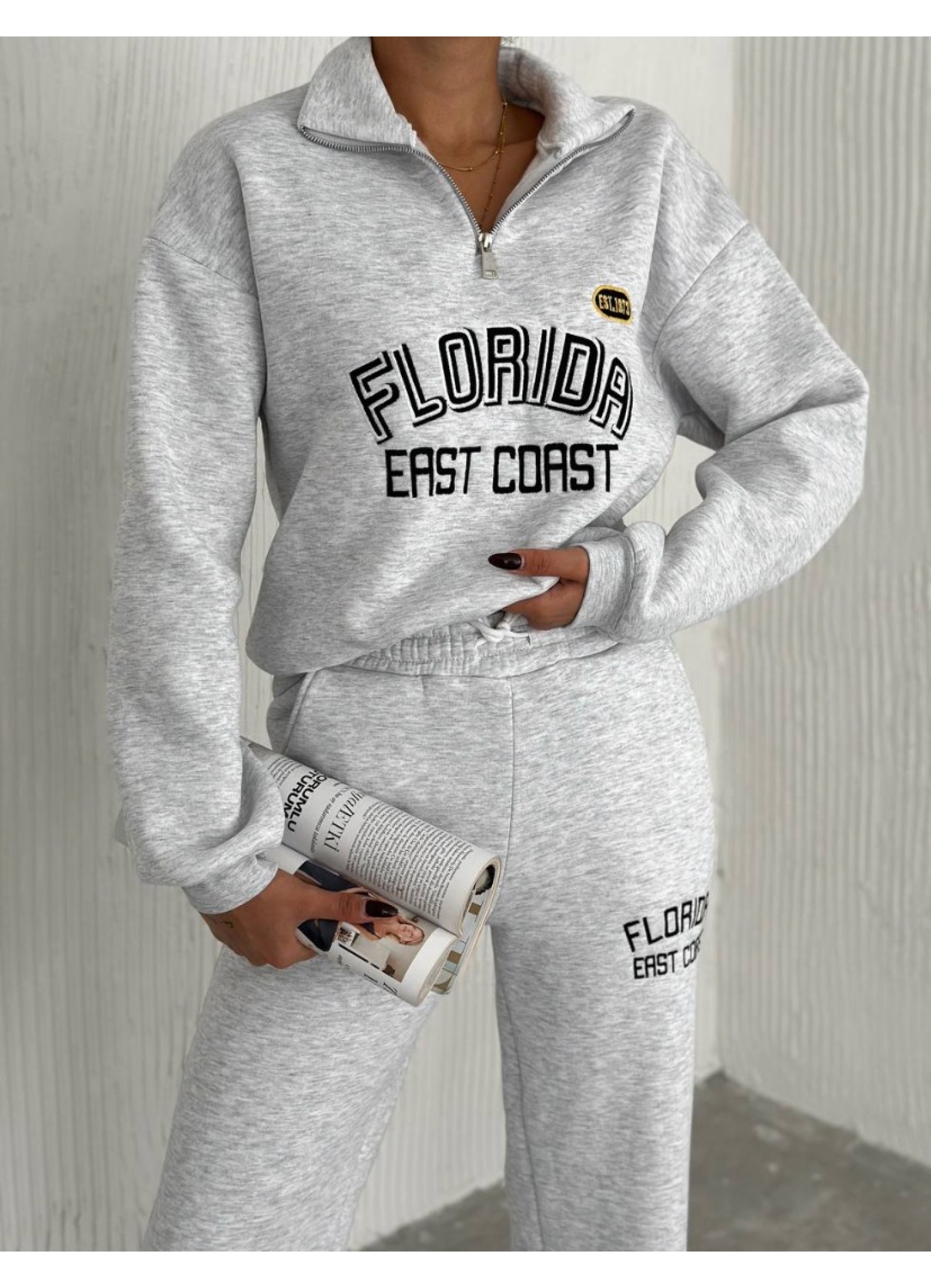 Üç İplik Florida Nakışlı Şardonlu Takım Gri